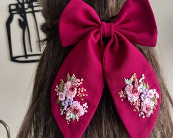 Hair bow -Embroidered bow -Hand Embroidered Bow - Floral Hair Bow - Kids Hair Clips - Children’s Hair Bow -Women Hair Style - Baby Hair Bow