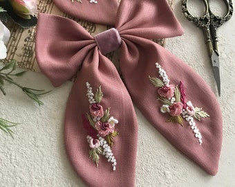 Handmade Embroidered Hairbow - Floral Hair Bow