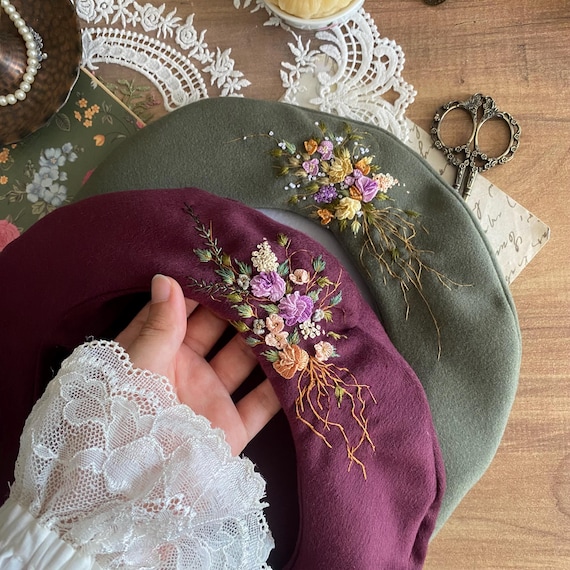 Embroidered French Beret - Floral French Beret - Vintage  display picture 3