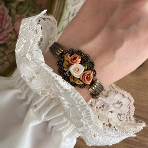 Handmade Embroidered Ribbon Bracelet, Ribbon Cuff Bracelet, Adjustable Bracelet, Floral Bracelet , Embroidered Bracelet ,  Gift for her