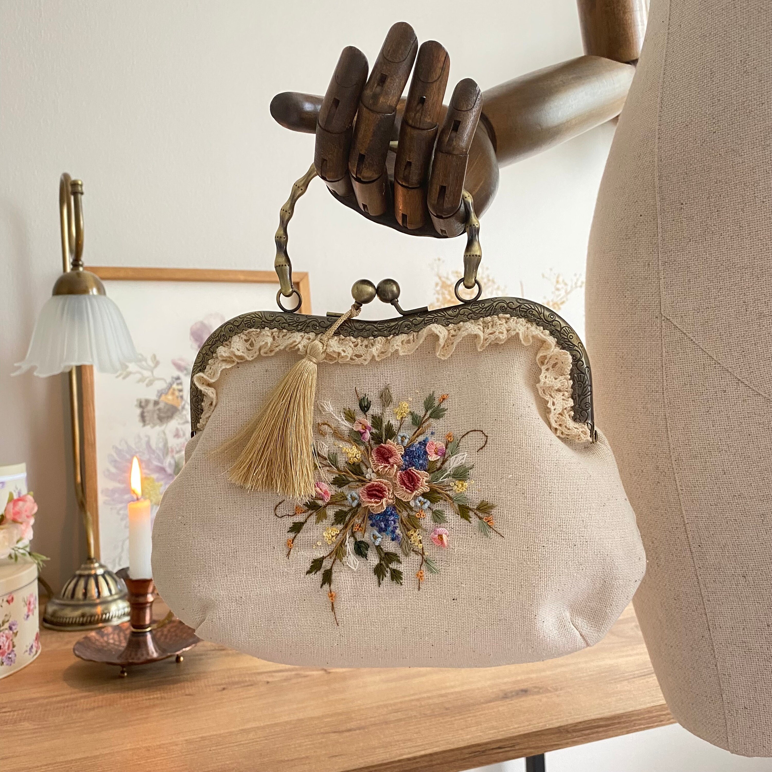 Linen Purse Handmade Floral Embroidered Linen Bag - Embroidered Handle Bag - Floral ...