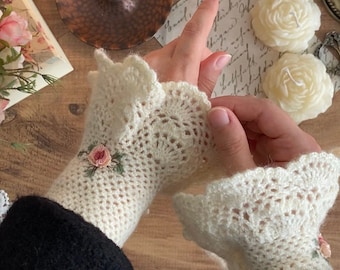 Handmade Knitted Embroidered Mittens -Adjustable lace gloves - Embroidered Lace Mittens - Vintage  Lace Mittens - Knitted lace cuff bracelet