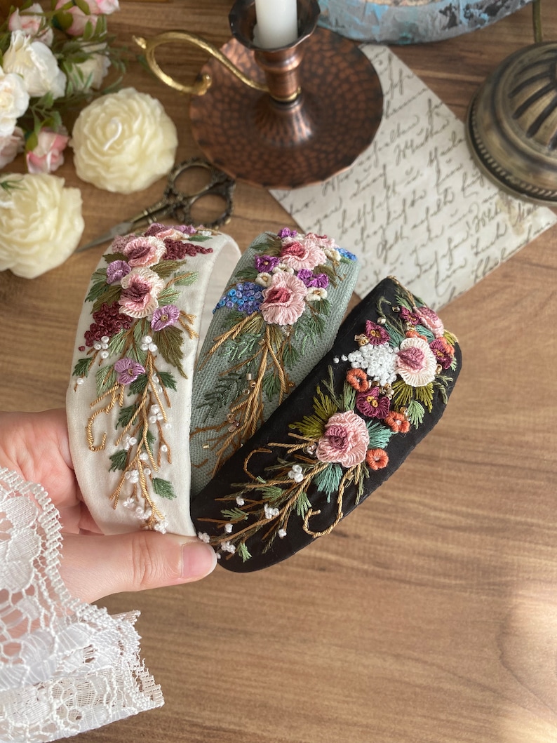 Handmade headband Handband Floral Hand Embroidered Headband. Handmade Hairband with Flowers Embroidery. Hair Accessories for women image 5