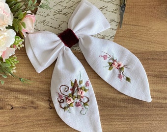 Embroidered bow -Hand Embroidered Bow - Floral vintage Hair Bow - Kids Hair Clips - Children’s Hair Bow -Letter Hairbow - Baby Hair Bow