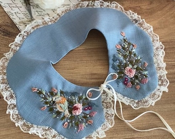 Embroidered Blue Peterpan Collars - Collars with Bird Embroidery - Handmade Floral Peterpan Collars