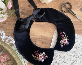 Embroidered velvet peter pan collar-Handmade bibs-Peterpan collars-Black velvet collars-Black Bibs-Flowers collars