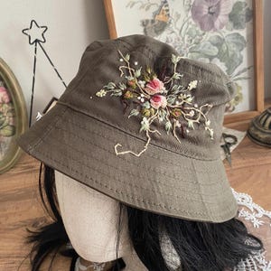 Embroidered Sun Hat -  Floral Hat - Baseball Cap - Baseball Hat - Embroidered Green Cap - Embroidered Flower Hat- Vintage Hat - Sun Hat