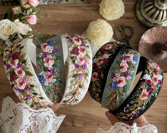 Handmade headband- Handband -Floral Hand Embroidered Headband. Handmade Hairband with Flowers Embroidery. Hair Accessories for women