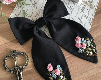 Embroidered Hair Bow - Floral Hair Bow - Embroidered Barrette