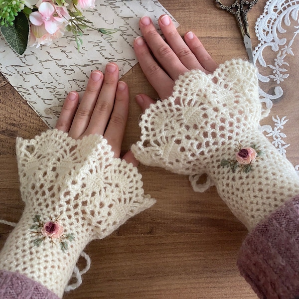 Mitaines brodées tricotées à la main -Gants en dentelle réglables - Mitaines en dentelle brodée - Mitaines en dentelle blanche vintage - Gants sans doigts