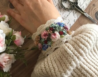 Handmade Embroidered Bracelet, Fabric Cuff Bracelet, Adjustable Bracelet, Floral Bracelet , Embroidered Bracelet ,  Gift for her