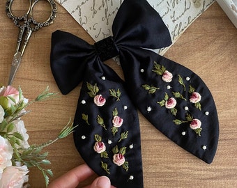 Embroidered hair bow, Linen hair bow ,Hand embroidered barrette,hair tie , Floral hair bow , beaded hair bow