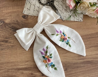 Hair bow -Embroidered bow -Hand Embroidered Bow - Floral Hair Bow - Kids Hair Clips - Children’s Hair Bow -Women Hair Style - Baby Hair Bow