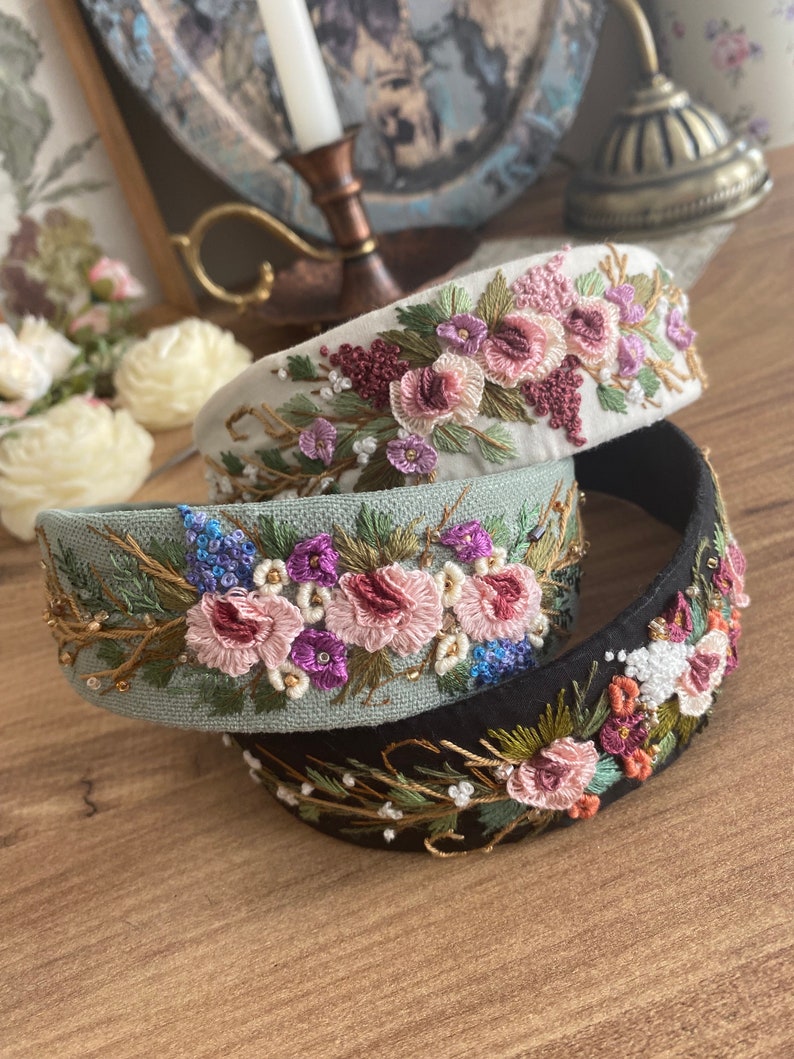 Handmade headband Handband Floral Hand Embroidered Headband. Handmade Hairband with Flowers Embroidery. Hair Accessories for women image 2