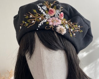 Embroidered French Beret - Floral French Beret - Vintage French Beret - Embroidered Hat - Black Embroidered Beret