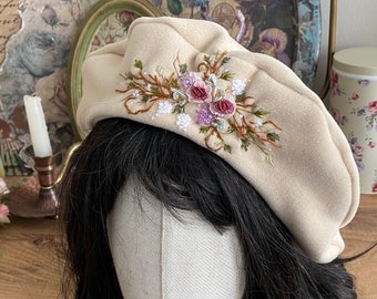 Embroidered French Beret - Floral French Beret - Vintage French Beret - Embroidered Hat
