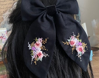 Hair bow -Embroidered bow -Hand Embroidered Bow - Floral Hair Bow - Kids Hair Clips - Children’s Hair Bow -Women Hair Style - Baby Hair Bow