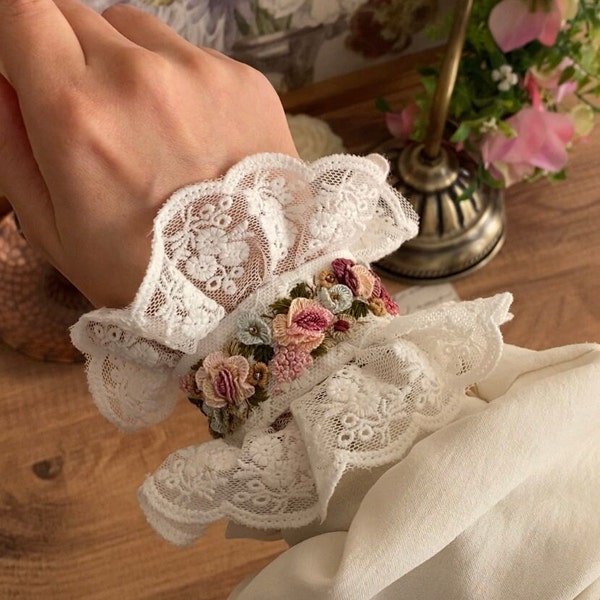 1 piece Embroidered vintage lace cuff bracelet with embroidered mix colors 3d flowers