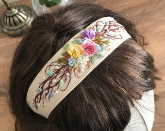 Handmade headband -Floral Hand Embroidered Foulard -Handmade embroidered Belt with Flowers - Floral Belt