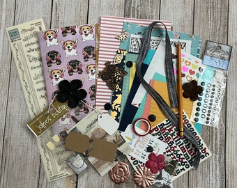 Kit de journal indésirable (n° 18), plus de 30 pièces/journal de taille moyenne, autocollants, papier, objets prédécoupés, papiers de scrapbooking, étiquettes, cartes, vintage