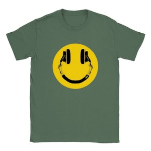 Acid House Smiley Face Old Skool Rave Unisex T Shirt Military Green