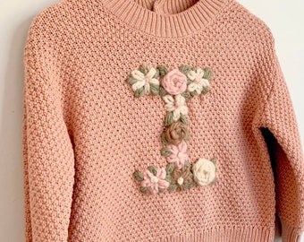Floral Hand Embroidered Personalised Letter Initial Monogram Baby and Kids Name Cotton Knit Pull Over Sweater Jumper
