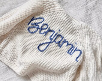 Hand Embroidered Personalised Baby Name Organic Cotton Knit Cardigan Sweater, perfect baby shower gift, name or birth announcement