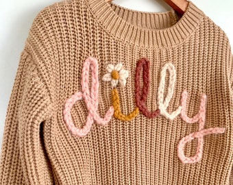 Multicolour Hand Embroidered Personalised Baby and Kids Name Cotton Knit Pull Over Sweater Jumper