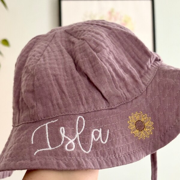 Custom Personalised Embroidered Baby and Toddler Name Cotton Muslin Hat, Sun Hat, Summer Wear, Bucket Hat, Perfect Gift