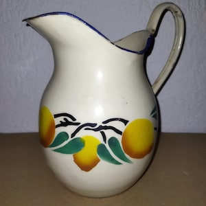 RARE Antique Enameled Pitcher with Lemon Decor Enamelled Pitcher of Water with Lemon Decor French Enamelled Jug