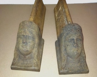 Andirons Old Anthropomorphic Cast Iron Andirons with Human Face