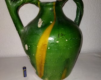 ORJOL Old tall Varnished Green Water Pitcher. Old French Terracota Earthenware.  Kitchen's Vintage decoration Cruche Ancienne Gargoulette