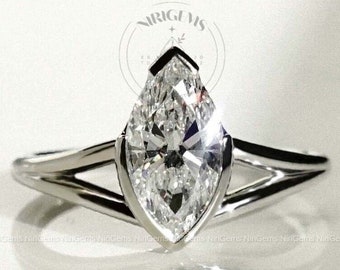 1.8CT Perfect Sparkle Marquise Moissanite Engagement Ring Split Shank Bezel engagement ring Long Marquise moissanite bridal Ring Bezel Set