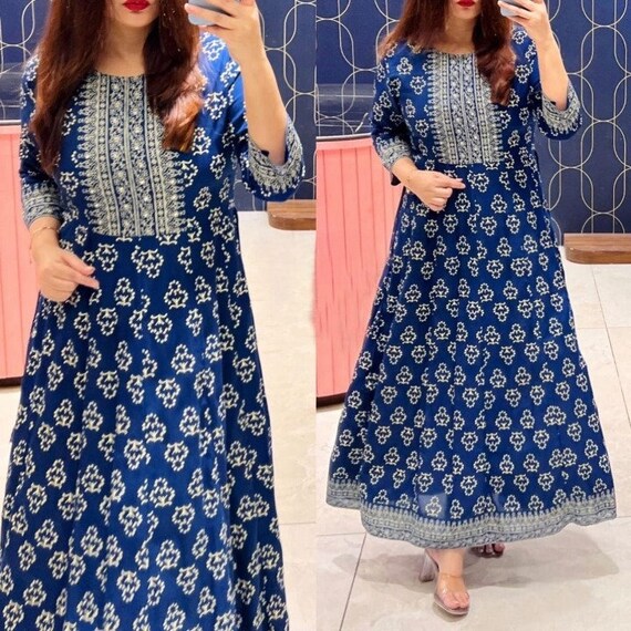 Full Flair Gown, Special Designers Hand Printed Rayon Fab Gown Kurti With  Voil Dupatta Set, Gift for Her, Indian Woman Kurtis, Rayon Kurti - Etsy