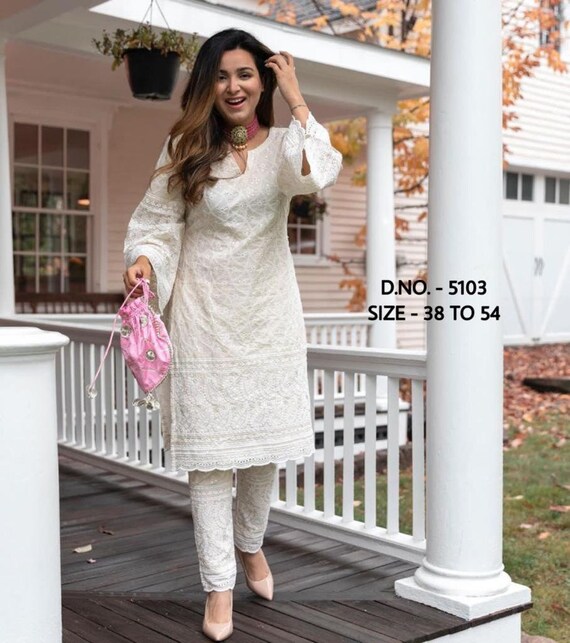 Heavy Rayon Cord Set Women White Salwar Kameez Readymade Kurti Pant Set  Stitched | eBay