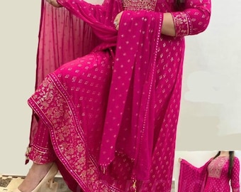 Plus and regular size dress, Beautiful Pink rayon kurti with embroidery work and pant dupatta set for women and girls, anarkali kurti set