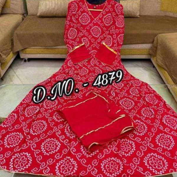 Designer red color rayon kurti with bandhani print and designer dupatta set for women and girls, anarkali suit, anarkali dresses, free ship