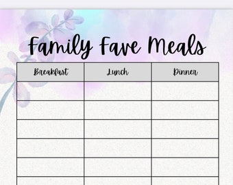 Family Favorite Meals List - PDF Download Printable File