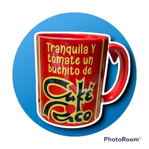 Cafe Rico mug with red interior & handle.  Cafesito mug. Un Buchito de cafe. Puerto Rican Coffee!