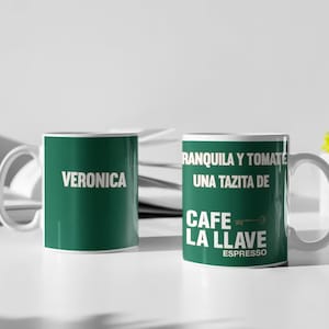 Cafe La Llave mug with white interior & handle.  Cafesito mug. Un Buchito de cafe. Puerto Rican Coffee!