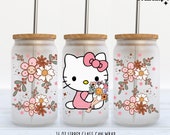 Spring Flower Pink Kitty PNG, 16oz Glass Can Wrap, 16oz Libbey Can Glass, Valentines Day Tumbler Wrap, Full Glass Can Wrap, Cartoon Tumbler