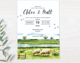 Rustic Sheep Wedding Invitation, Farm Theme, Country Chic
