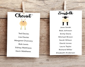 Rustic Sheep Wedding Table Plan Cards: Farm Theme Decor