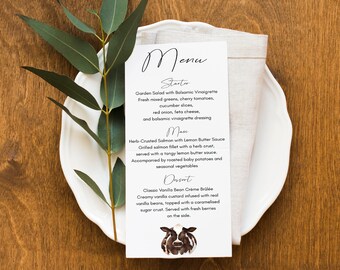 Cow wedding menu/Farm themed wedding menu/Dairy farm wedding menu/Printed cow themed wedding menu/Cow menu for wedding table