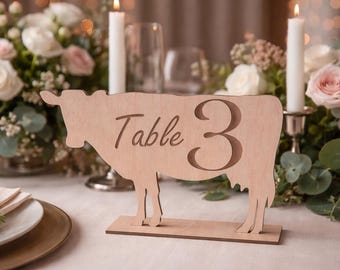 Cow Wedding Table Numbers: Rustic Farm Theme Wooden Decor