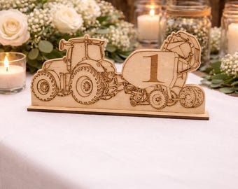 Tractor and Bailer Table Numbers: Farm Wedding, Party Decor, Engraved Wood Stand