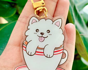 Hong Kong Milk Tea Keychain, Samoyed Dog Cafe Charm, Acrylic Drink Accessory