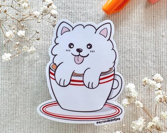 Samoyed Dog Milk Tea Sticker, Hong Kong Cafe Culture Gift, Kawaii White Puppy Decal, HK Artist, Asian Foodie Stationery