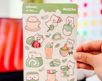 Matcha Lover Samoyed Sticker Sheet, Green Tea Aesthetic Planner Stickers, Cute Japanese Cafe Dog Decals, Soothing Matcha Desserts Stationery