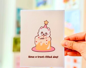 Funny Dog Birthday Card | Loki Biting Cake Greeting Card | Have a Treat-Filled Day | Funny Samoyed Art | Dog Birthday Pun